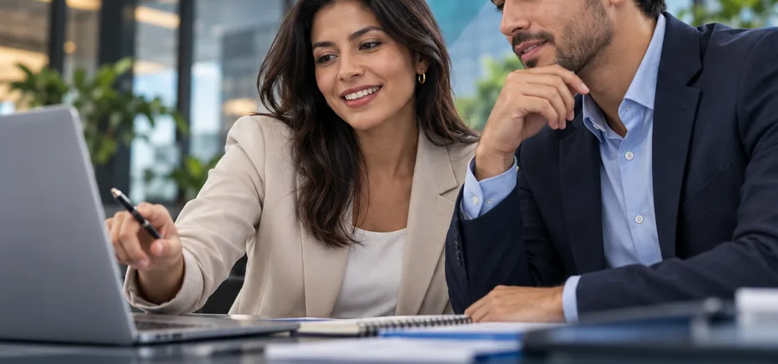 Asociada y Director Comercial revisando una oportunidad; imagen ilustrativa de campaña
